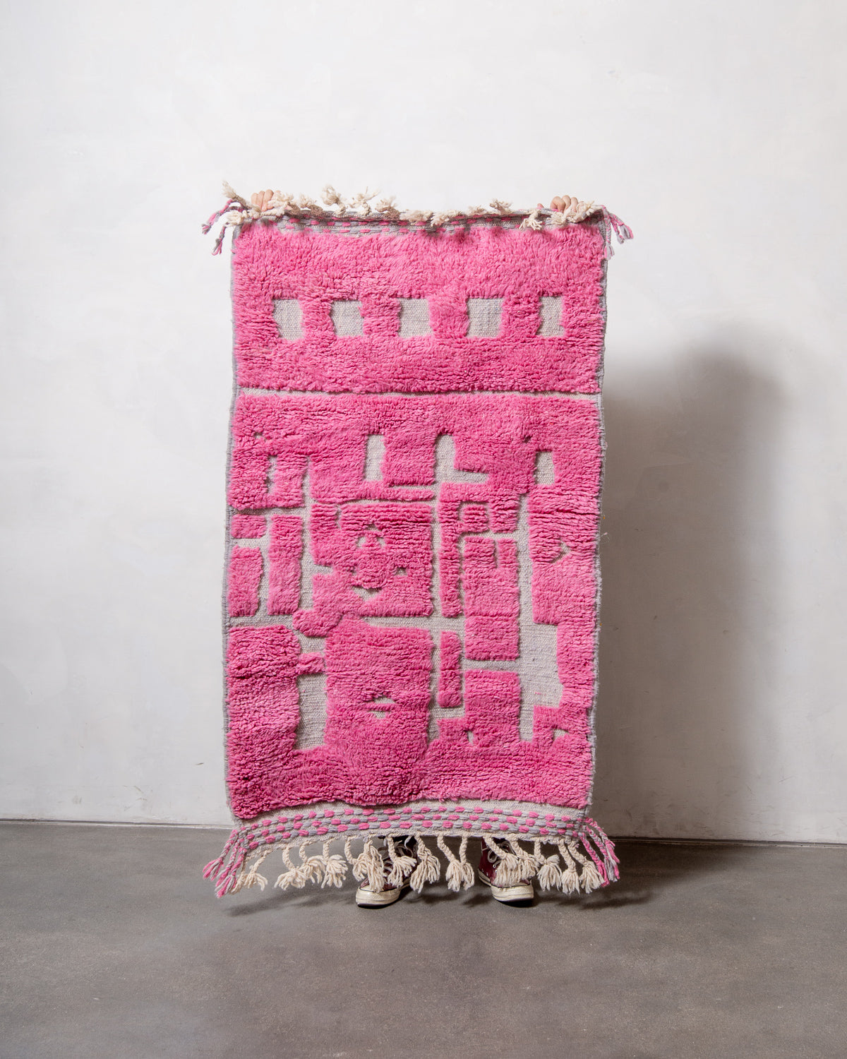 Modern, designer, handcrafted Berber rug from Morocco. Beniourain carpet with beautiful colours and patterns and fluffy wool texture.